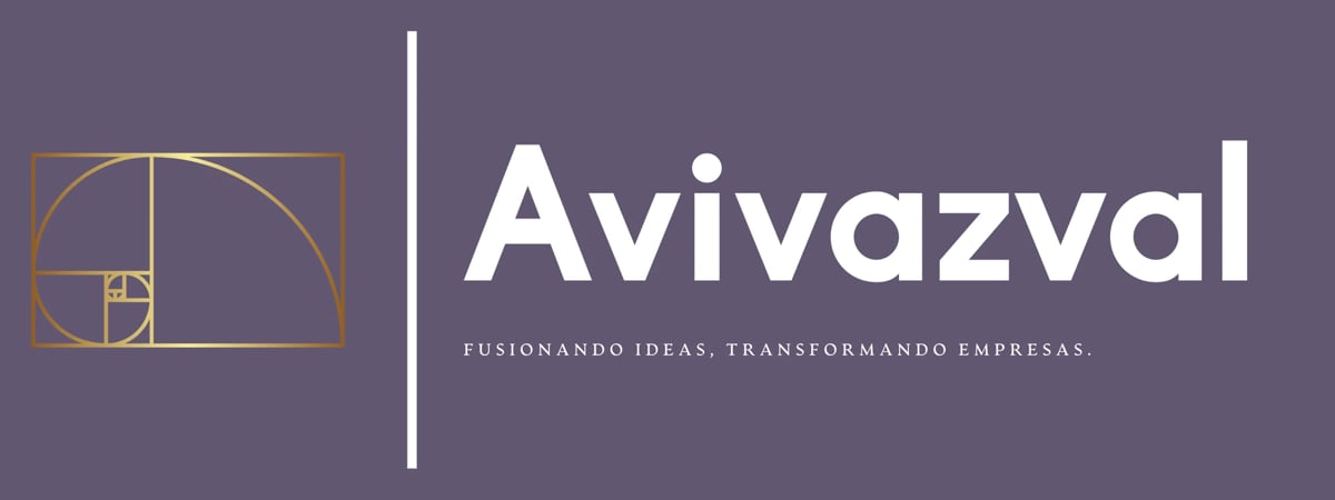 Logo de AVIVAZVAL con espiral dorada y tagline sobre fondo morado